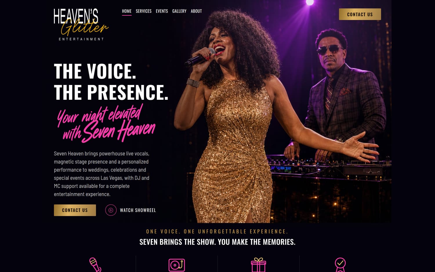 The live heavensglitterentertainment.com homepage on a laptop