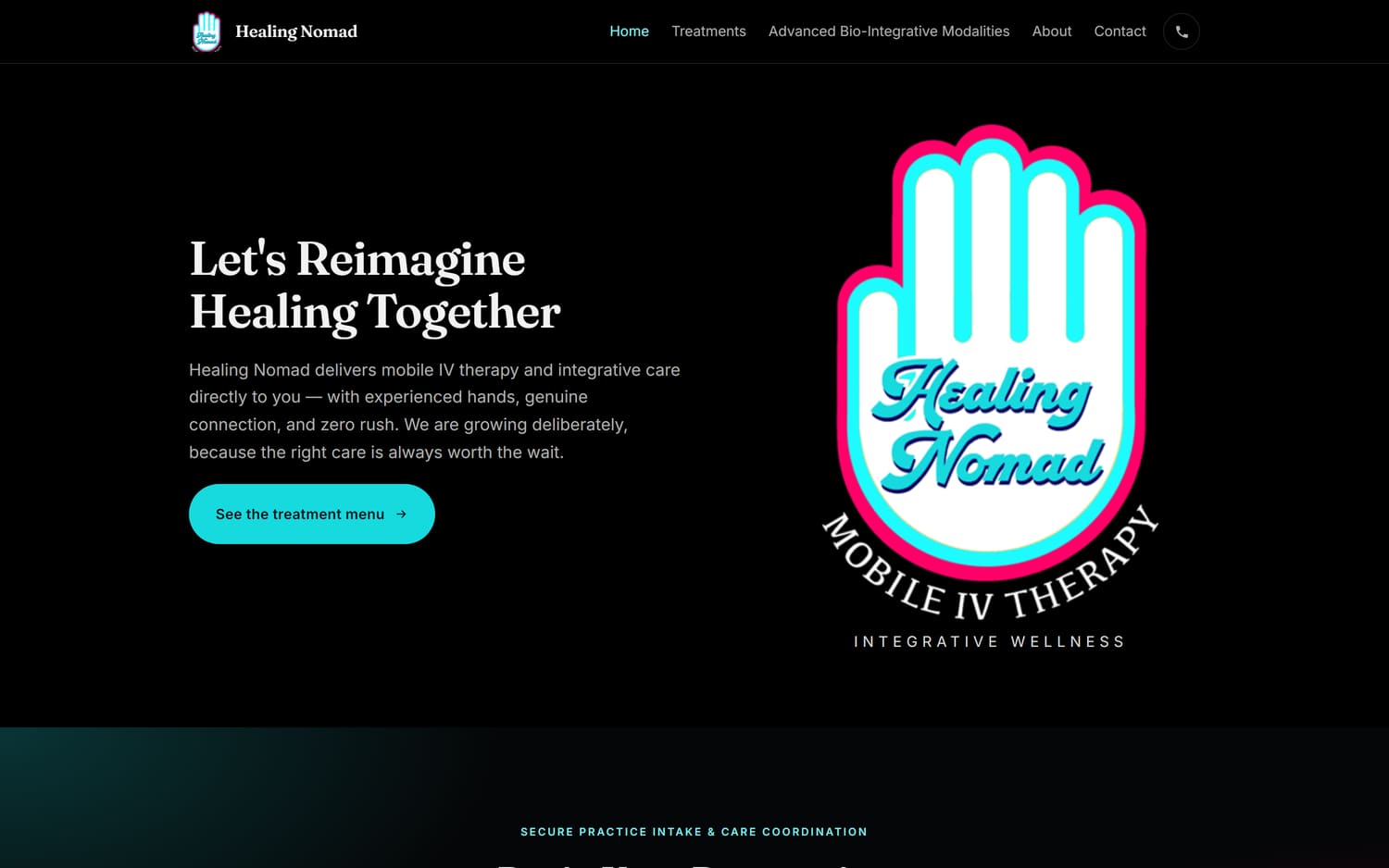 Homepage of Healing Nomad, a health / wellness website in Arizona built by LocalForge